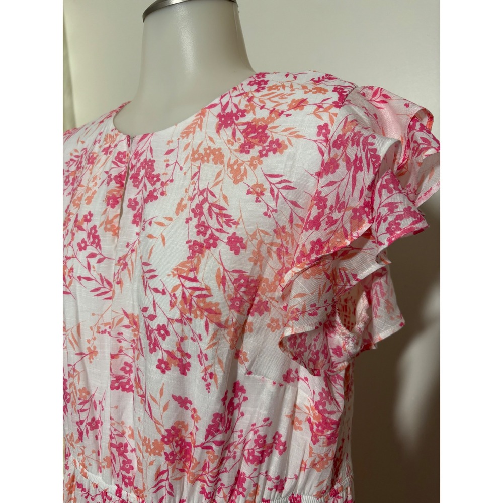 Emma & Michele Floral Midi Dress Womens Large Pink Orange Flutter Sleeve NEW